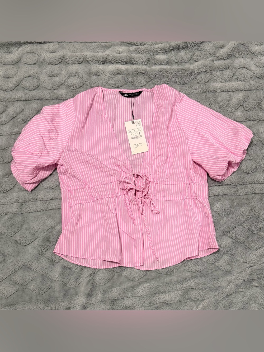 Zara Pink/White Striped Tie-Front Peplum Blouse | Size XL | NWT